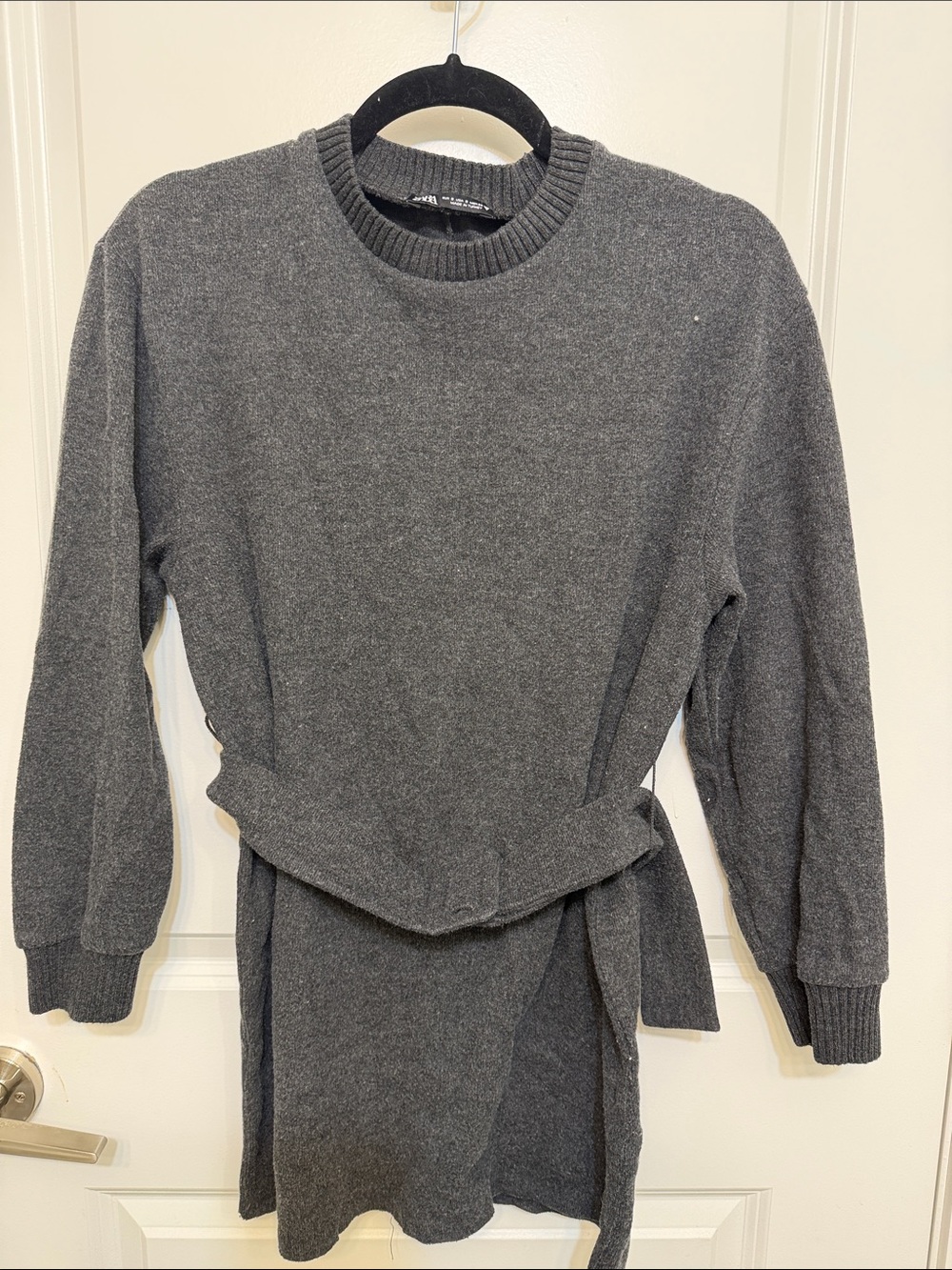 Zara Dark Gray Crewneck Sweater with Waist Tie